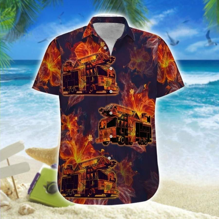 Firefighterfire Truck Hibiscus Hawaiian Shirt