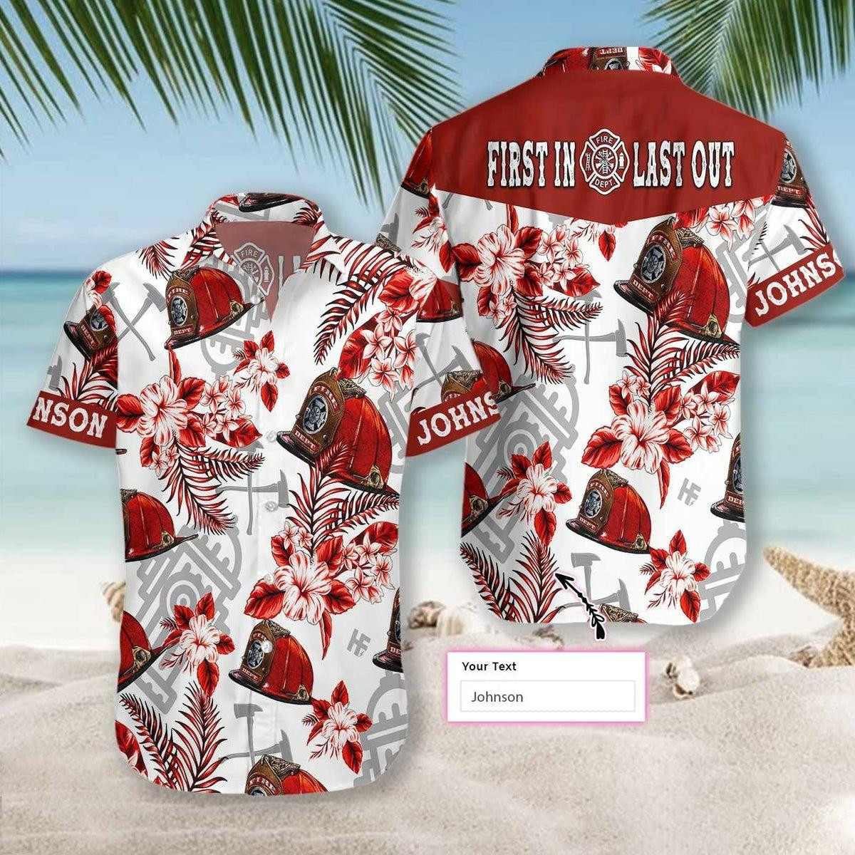 First In Last Out Seamless Pattern Firefighter Personalized Hawaiian Shirt