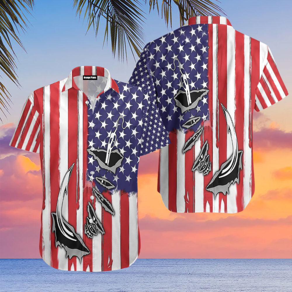 Fish Hook American Flag Hawaiian Shirt