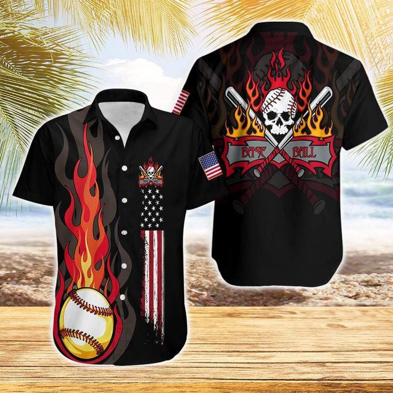 Flame Baseball Skull American Flag Hawaiian Shirt