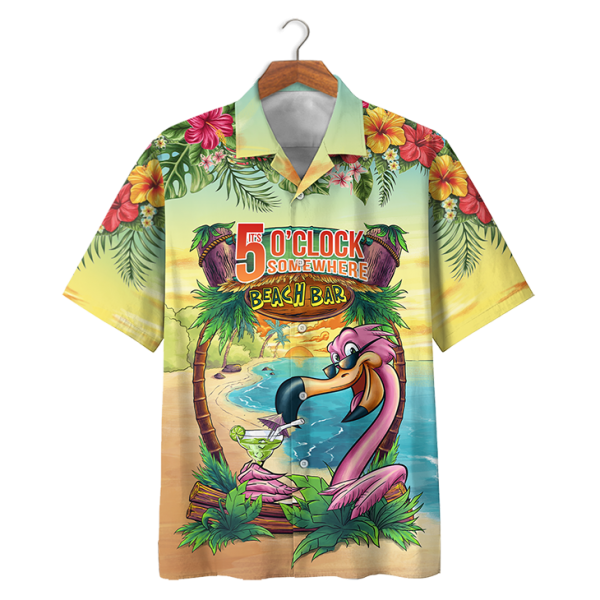 Flamingo 5 O'Clock Some Where Beach Bar Hawaiian Shirt