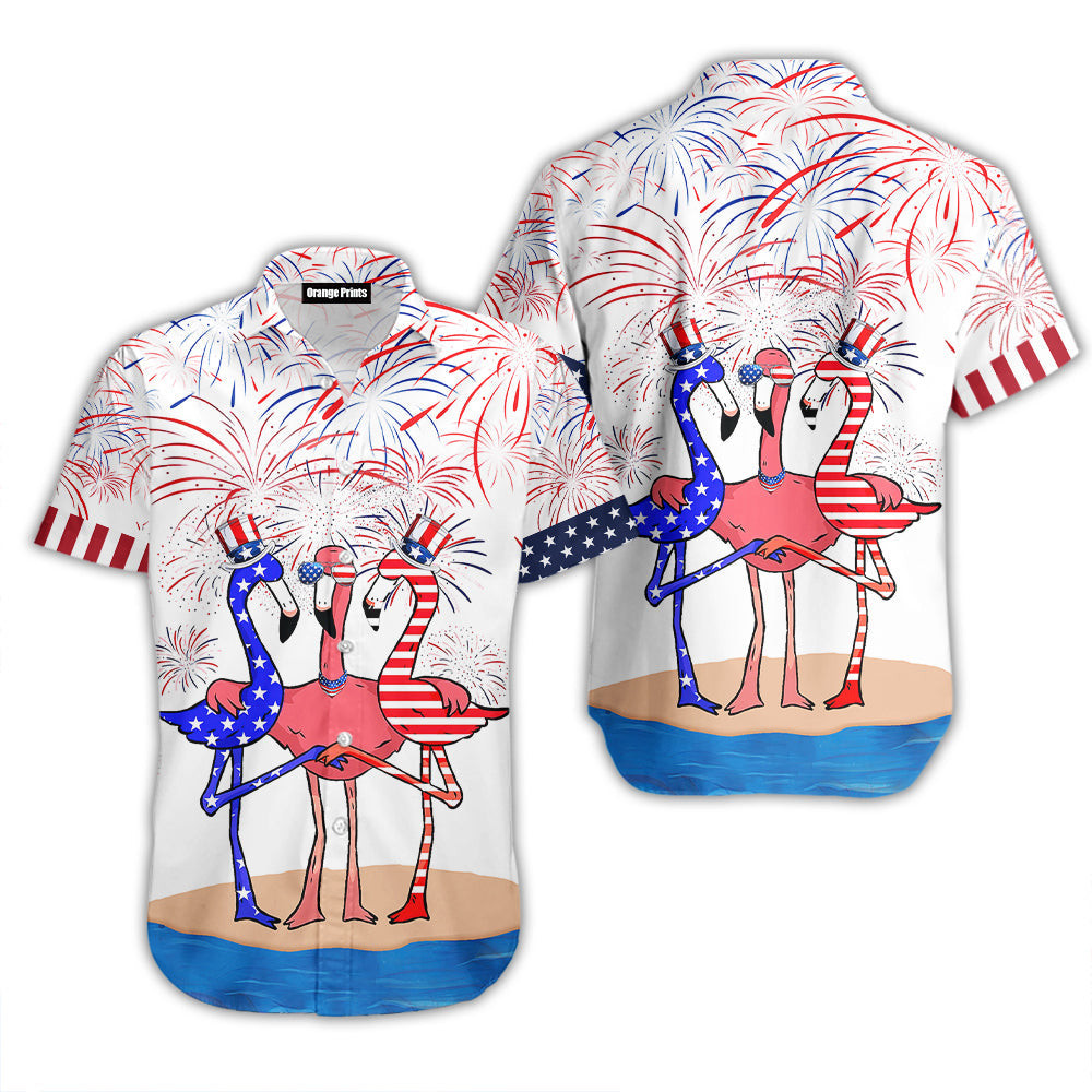 Flamingo American Flag Firework Hawaiian Shirt
