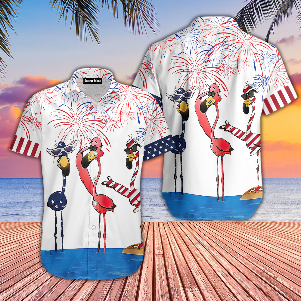 Flamingo American Flag Firework Hawaiian Shirt