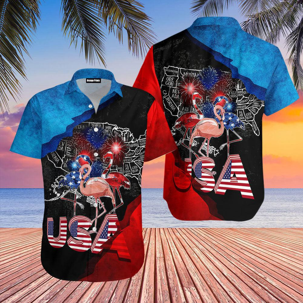 Flamingo American Flag Firework Hawaiian Shirt