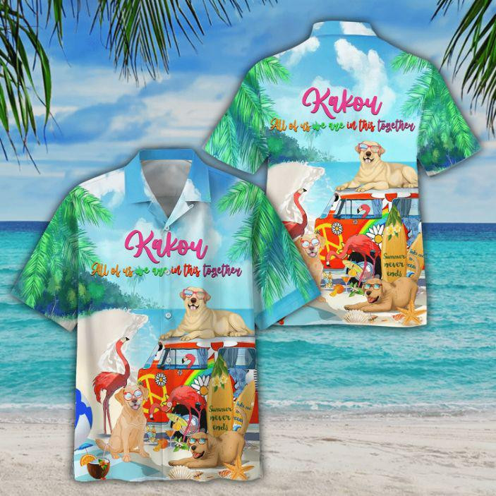 Flamingo And Dogs In The Beach Kakow All Of Us We In This Together Hawaiian Shirt