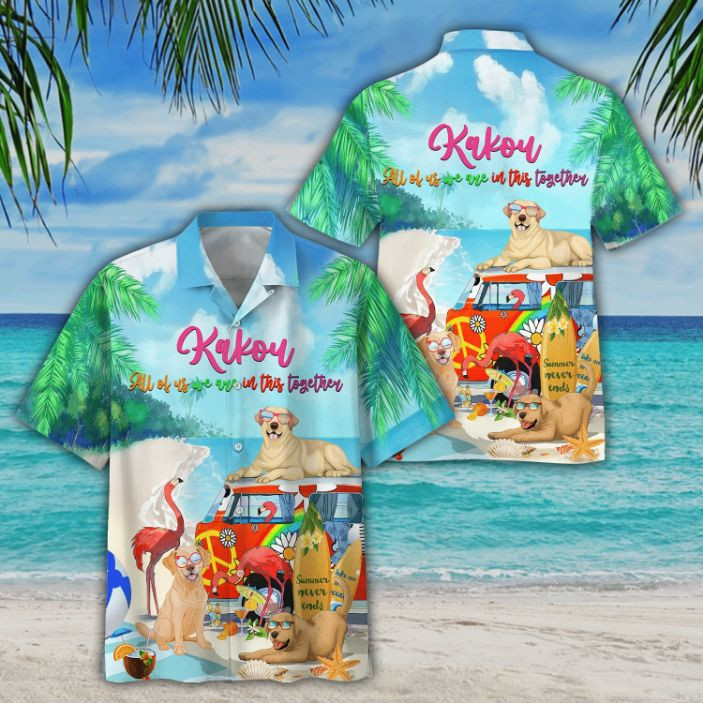 Flamingo And Dogs In The Beach Kakow All Of Us We In This Together Print Hawaiian Shirt