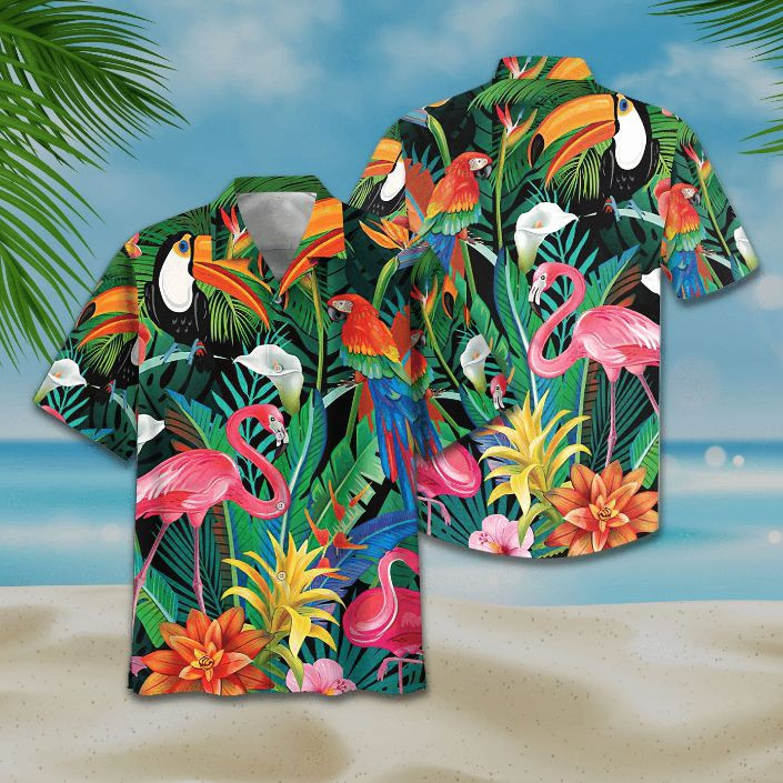 Flamingo And Parrot Tropical Flowers Print Hawaiian Shirt