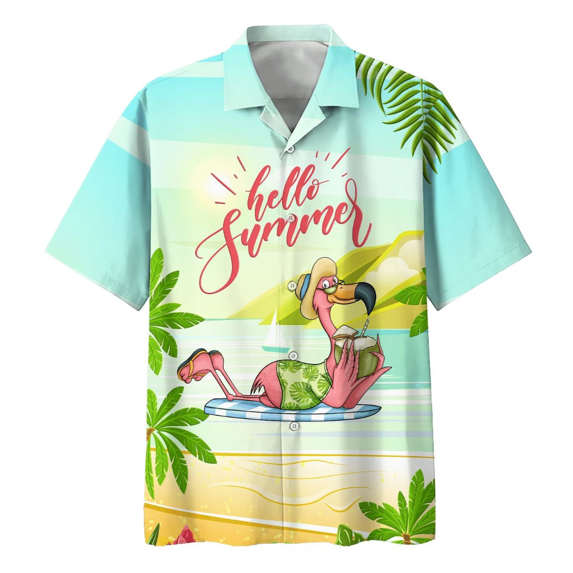 Flamingo Hello Summer Print Hawaiian Shirt