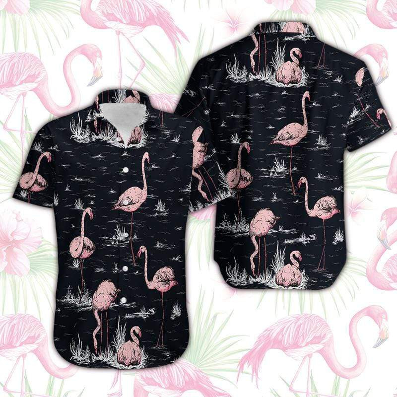 Flamingo In Dark Hawaiian Shirt