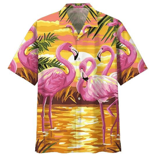 Flamingo In Sunset Print Hawaiian Shirt
