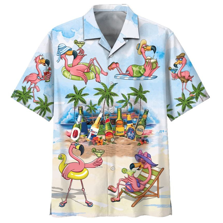 Flamingo In The Beach Print Hawaiian Shirt