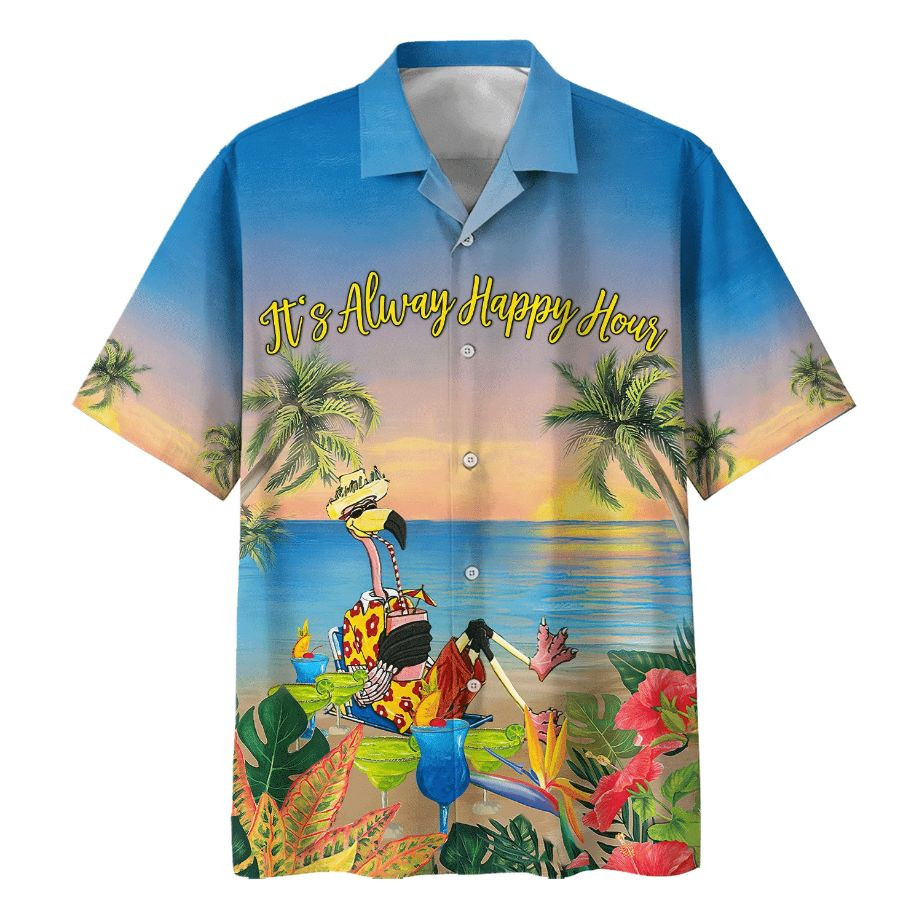 Flamingo Its Alway Happy Hour Print Hawaiian Shirt