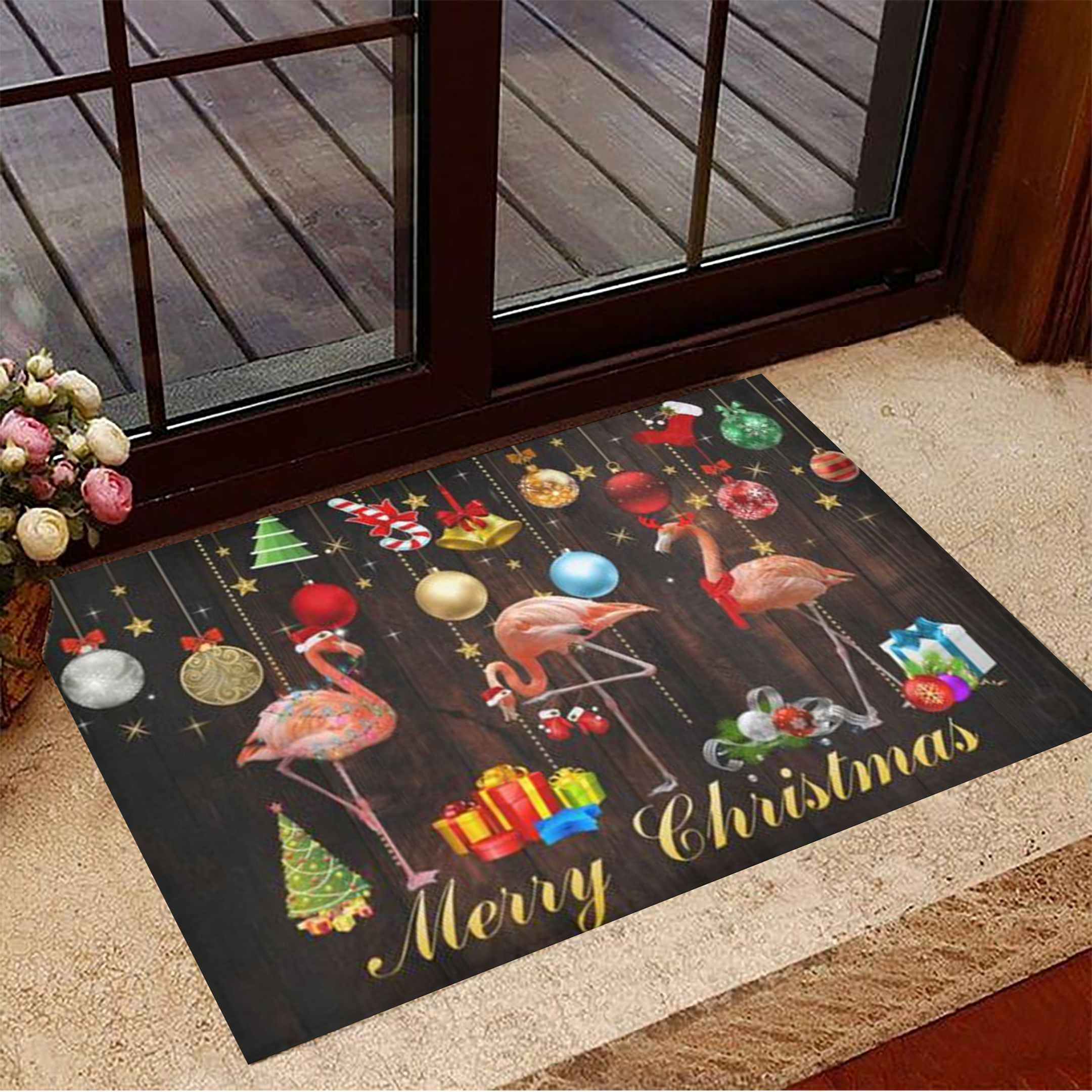 Flamingo Merry Christmas Rubber Doormat Christmas Welcome Mat House Decor