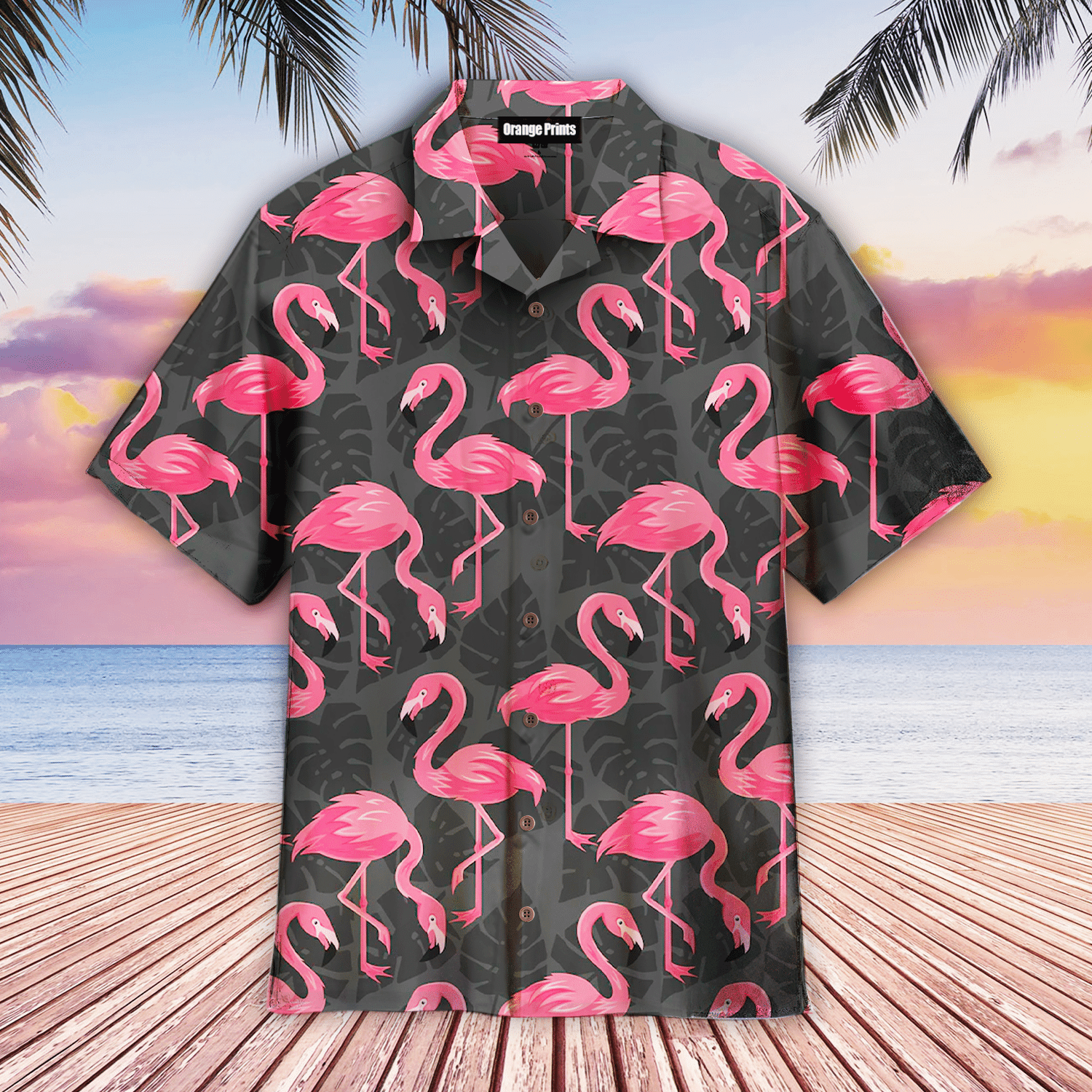 Flamingo On Dark Monstera Leaves Hawaiian Shirt