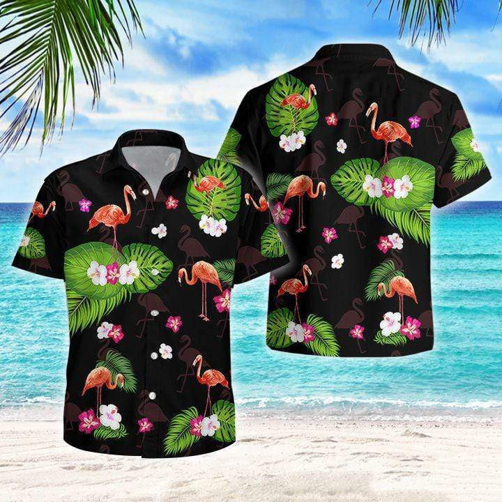 Flamingo Palm Black Tropical Hawaiian Shirt