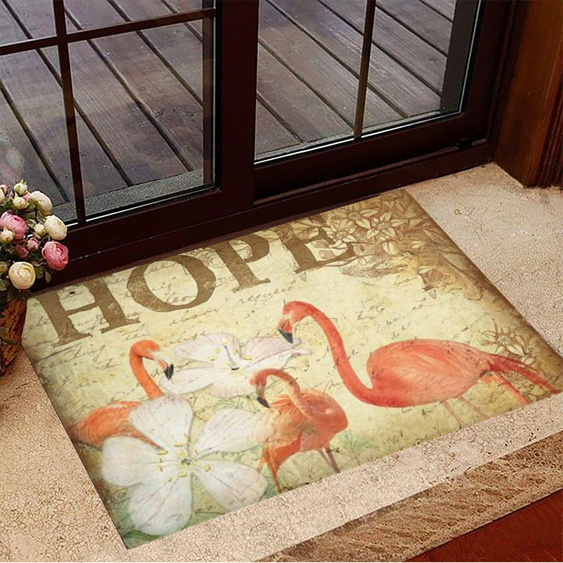 Flamingo With Flower Hope Rubber Doormat Vintage Rubber Doormat Gifts for Flamingo Lovers
