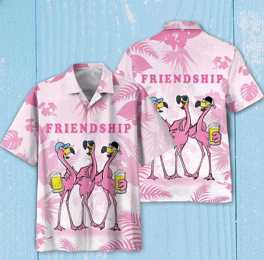 Flamingoes Drink Beer Friendship Print Hawaiian Shirt