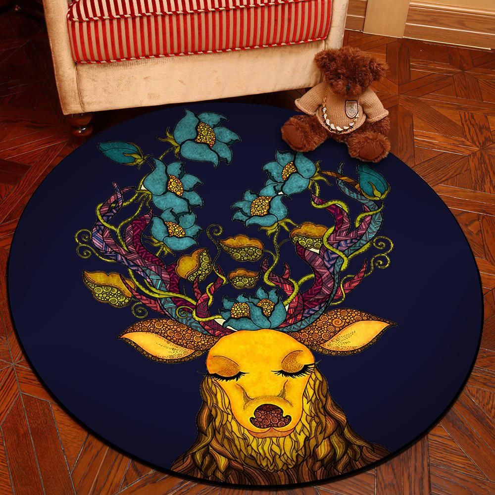 Floral Deer Round Rug Carpet Bedroom Livingroom Home Decor