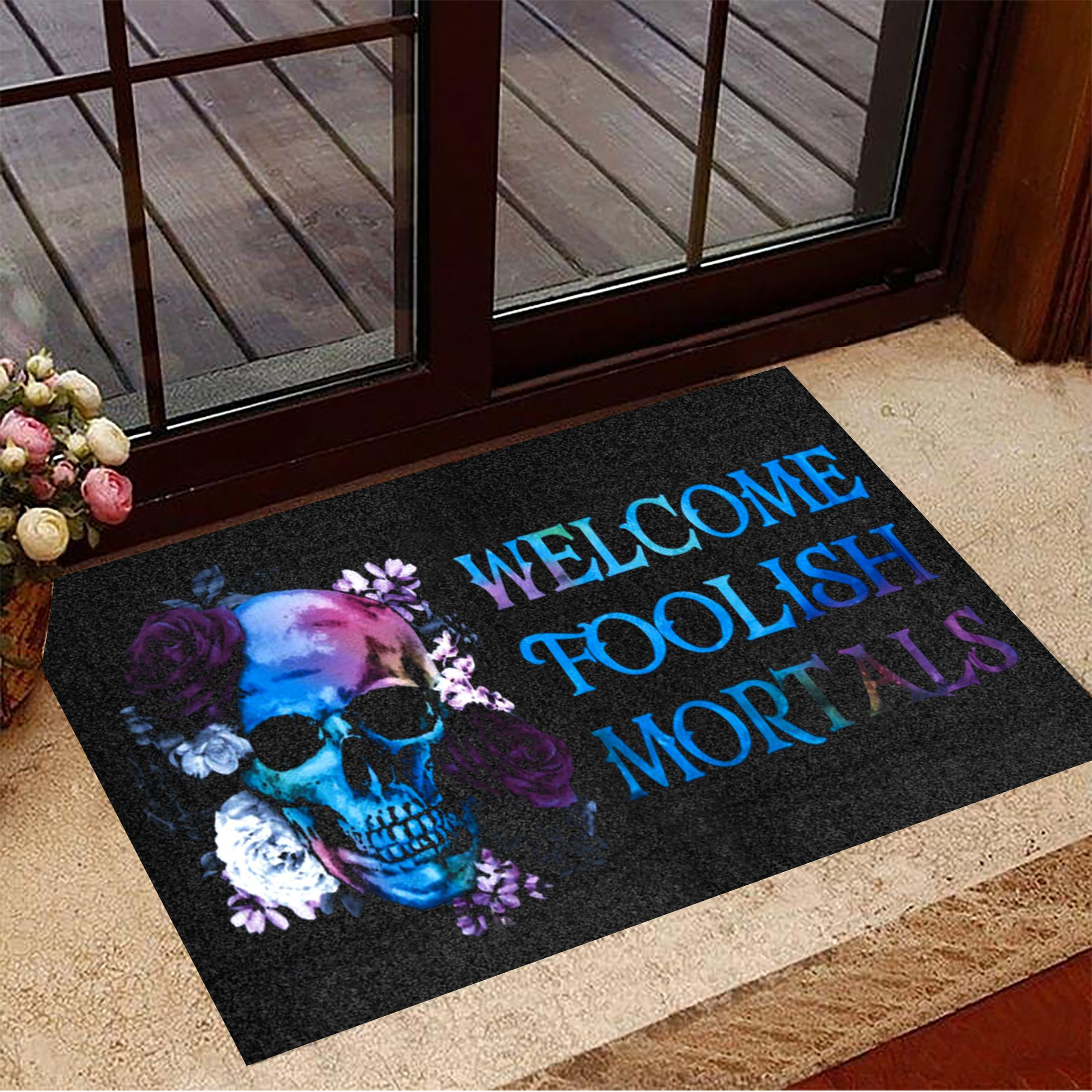 Floral Skull Welcome Foolish Mortals Rubber Doormat Vintage Halloween Rubber Doormat Halloween Merch