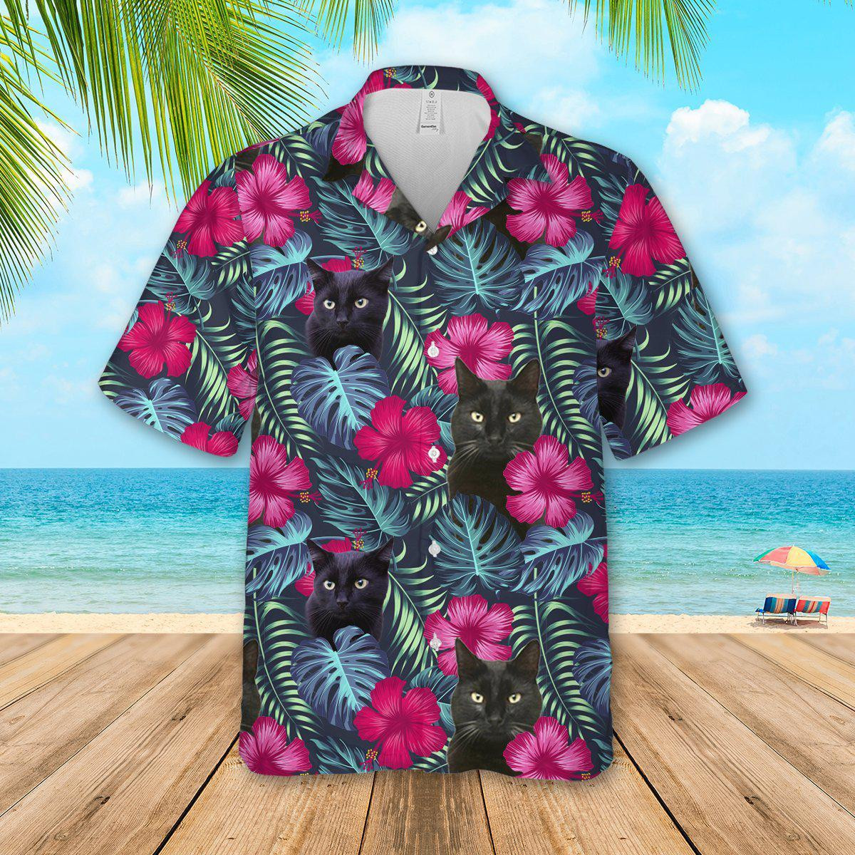 Floral Tropical Black Cat Hawaiian Shirt
