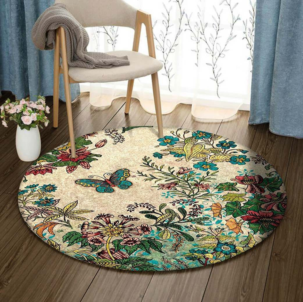 Flower And Butterfly Round Rug Carpet Bedroom Livingroom Home Decor
