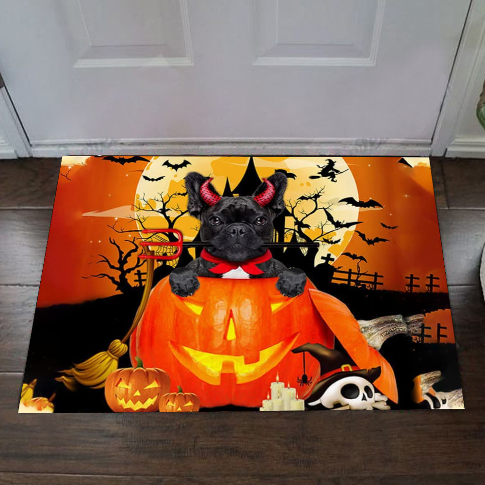 French Bulldog Devil Inside Pumpkin Rubber Doormat Dog Owner Halloween Mats Front Door Decor