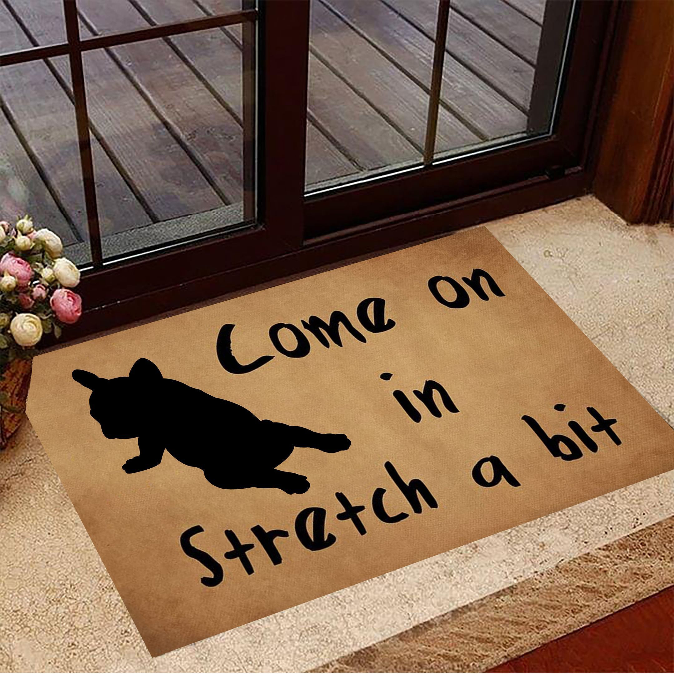 Frenchie Come On In Stretch A Bit Yoga Rubber Doormat Welcome Home Mat Gift For French Bulldog Lover
