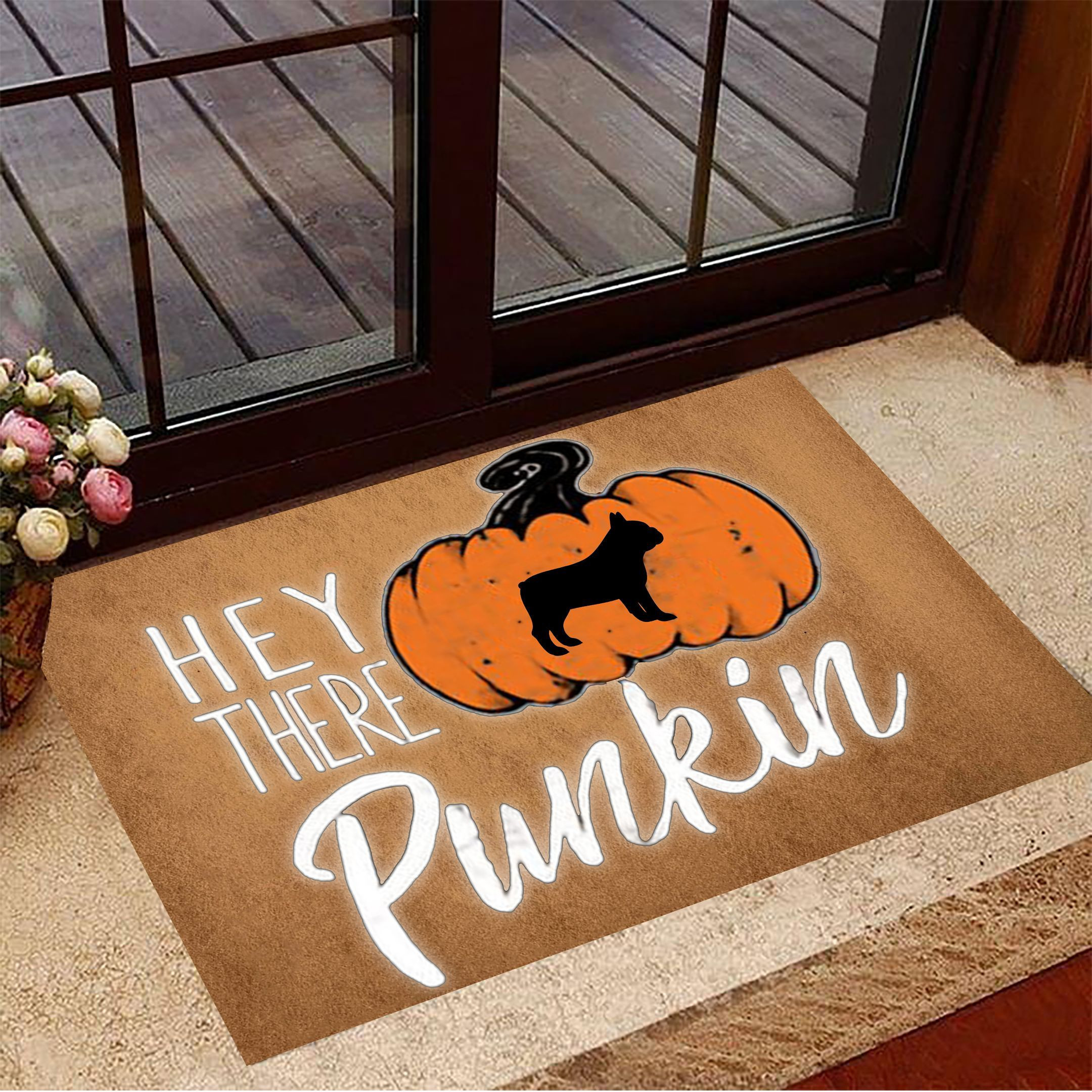 Frenchie Hey There Pumpkin Rubber Doormat Fall Door Mats Gift For French Bulldog Lover