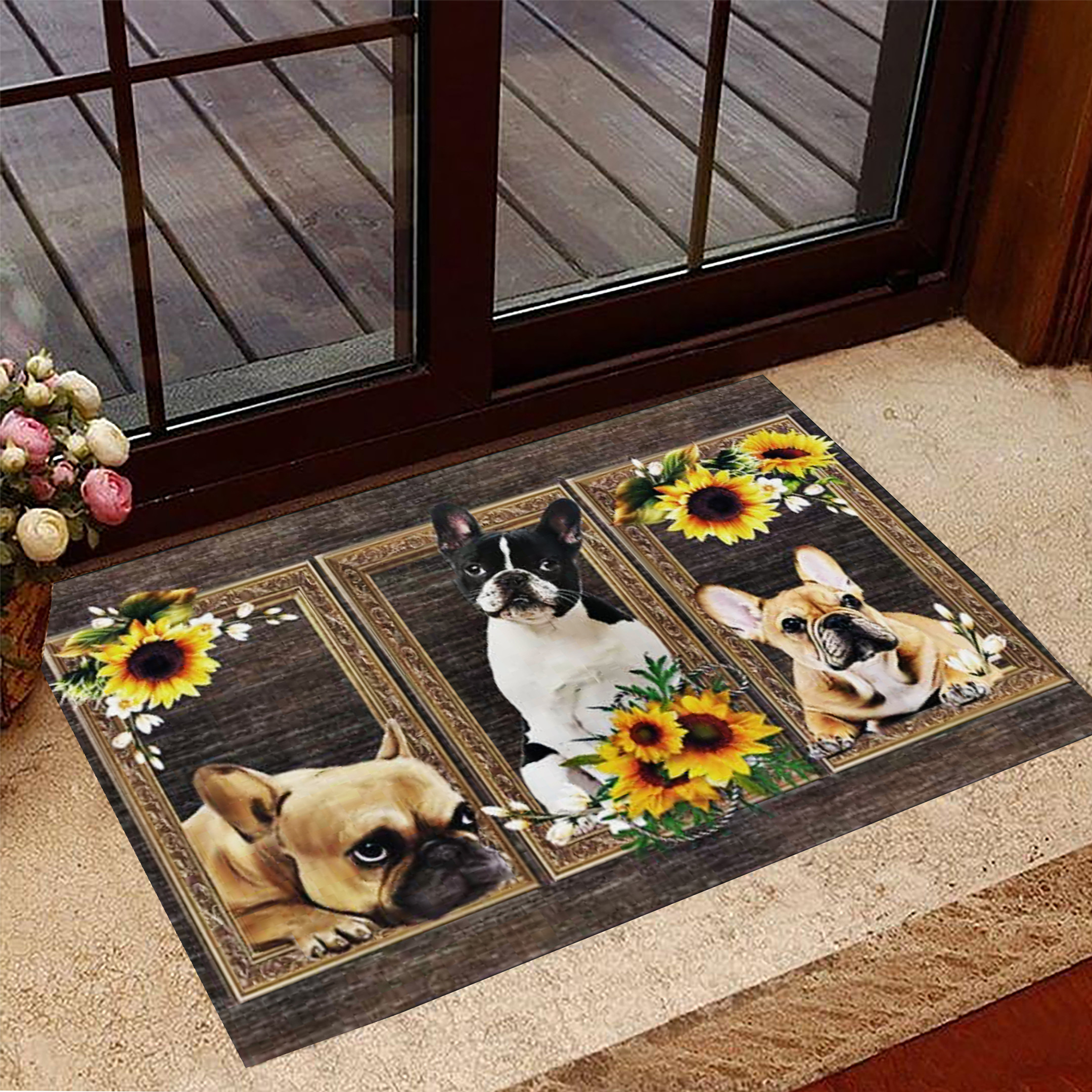 Frenchie Sunflowers Rubber Doormat French Bulldog Merchandise Home Decorative Dog Lover Gift