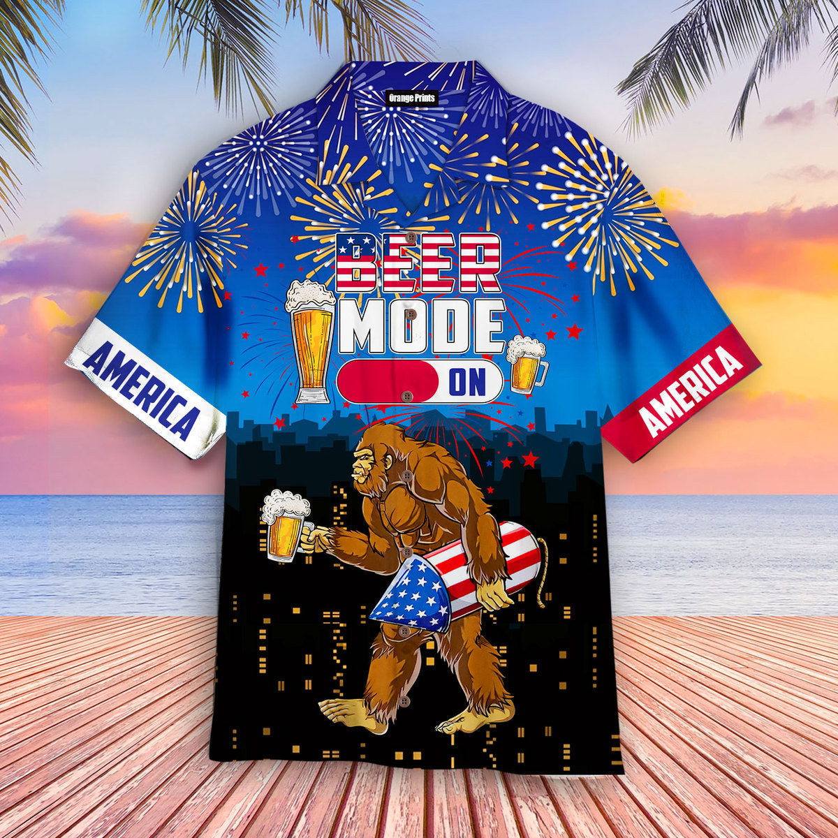 Funny Beer Mode On Bigfoot Fireworks Hawaiian Shirt