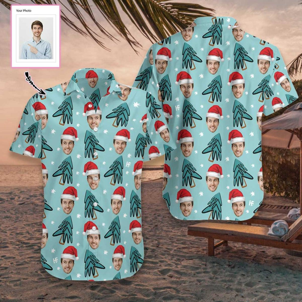 Funny Face Christmas Tree Custom Photo Hawaiian Shirt - Image 3