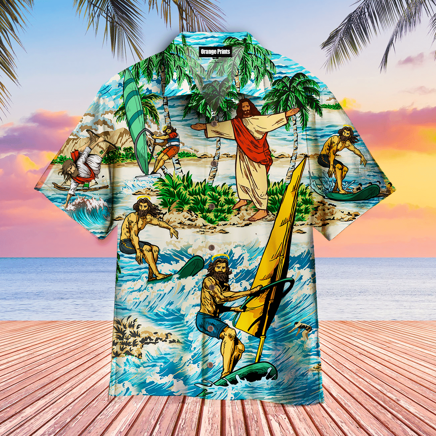 Funny Jesus Surfing Summer Tropical Hawaiian Shirt