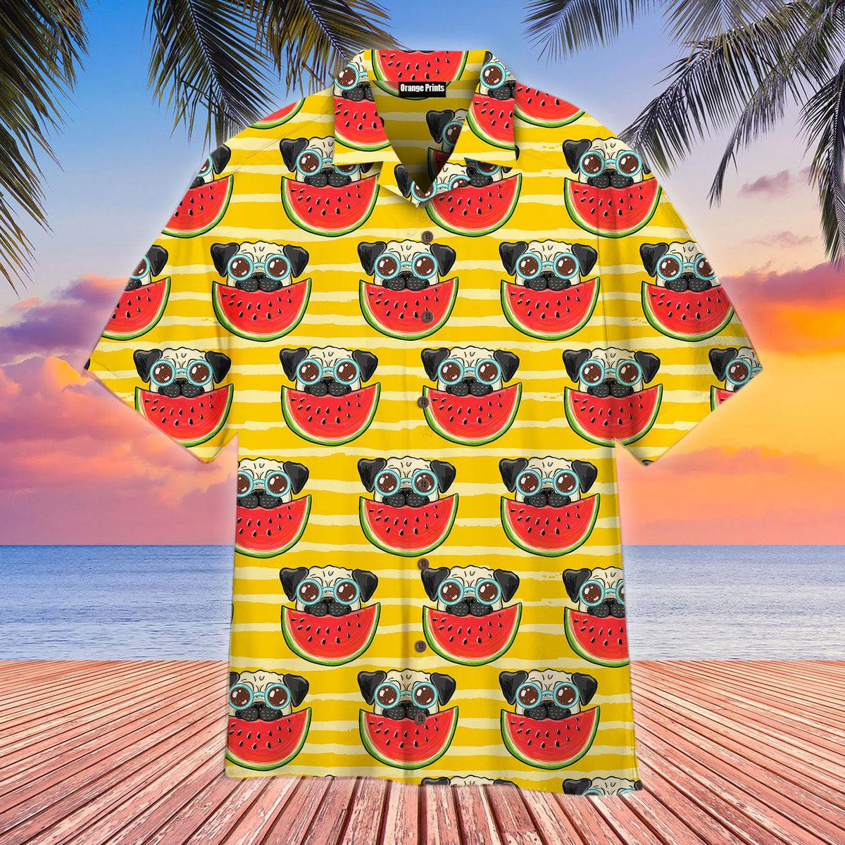 Funny Pug In Sunglasses Eating Watermelon Hawaiian Shirt