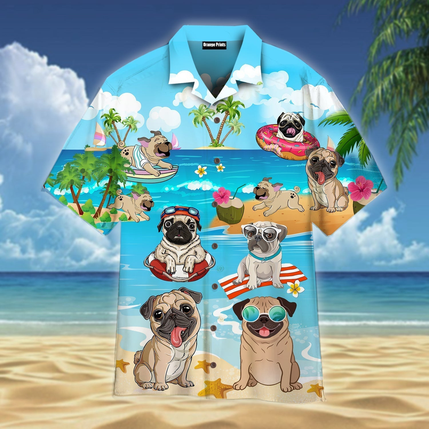Funny Pug Play On Beach Summer Hawaiian Shirt