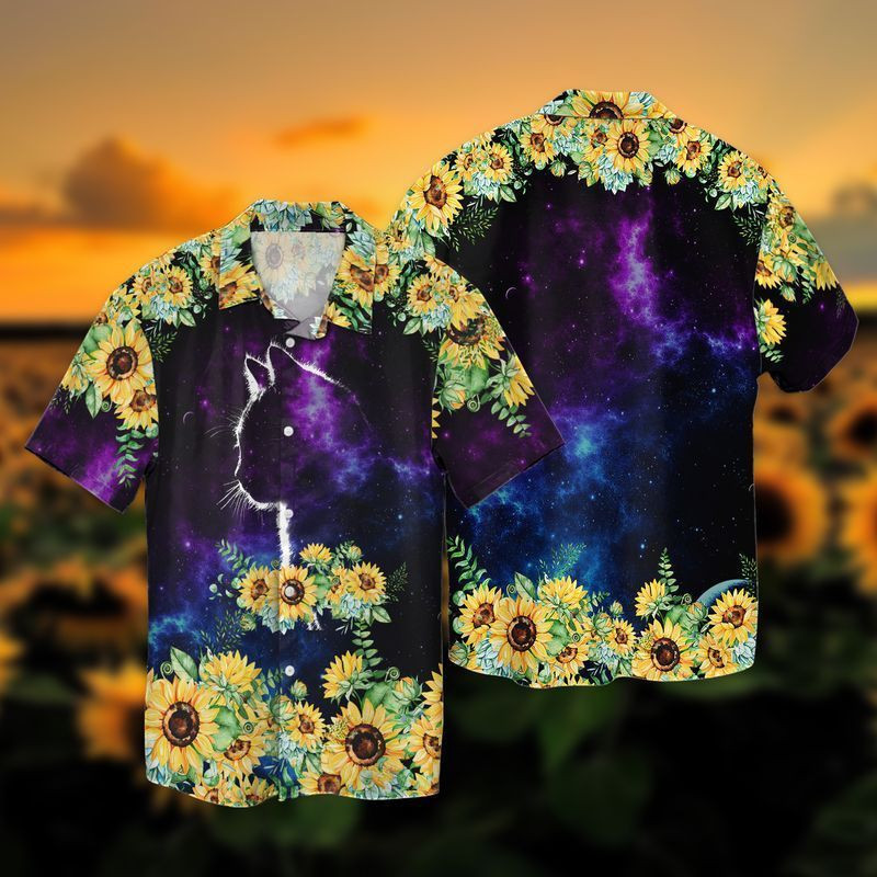 Galaxy Cat With Sunflowers Hawaiian Shirt