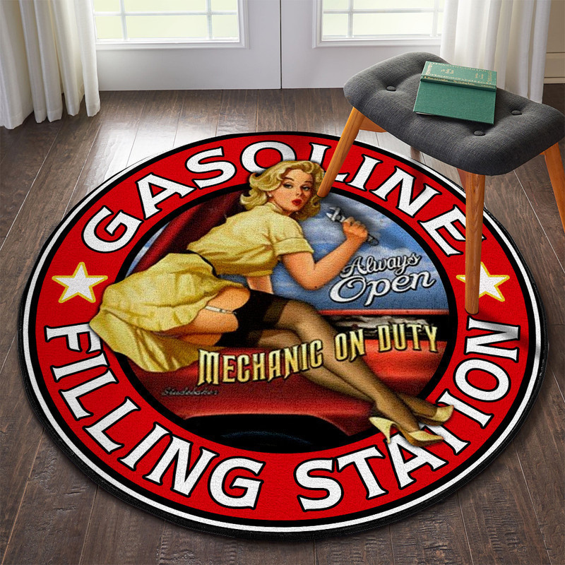 Gasoline Filling Station Pin Up Hot Rod Round Rug Carpet Bedroom Livingroom Home Decor