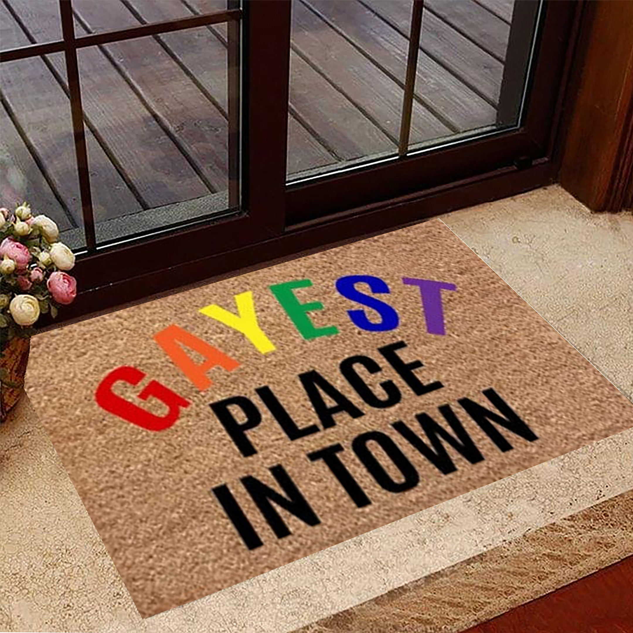 Gayest Place In Town Rubber Doormat Funny Gay Pride Rubber Doormat LGBT Gifts For Gay Men