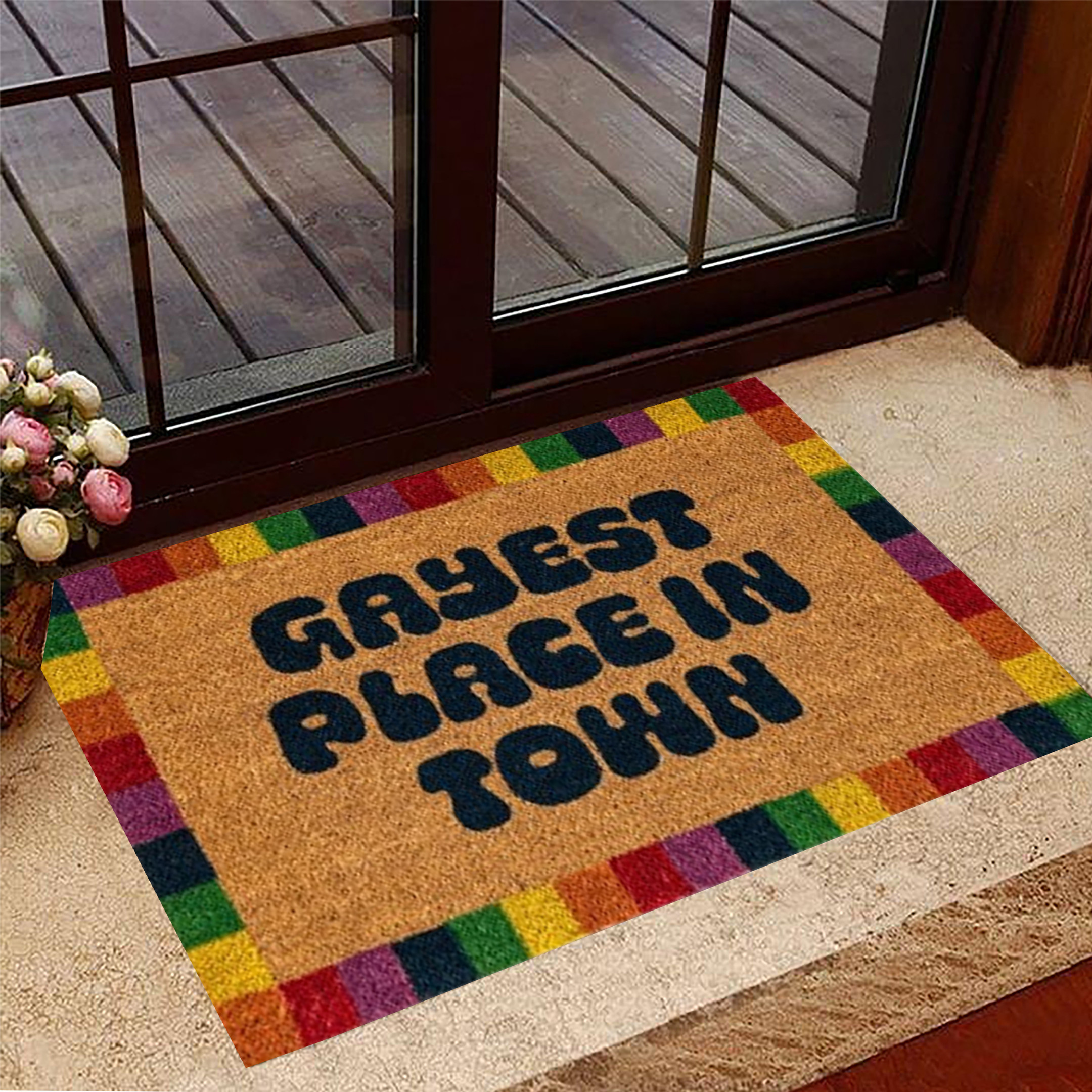 Gayest Place In Town Rubber Doormat Funny LGBT Pride Gay Merch Rubber Doormat For Front Door