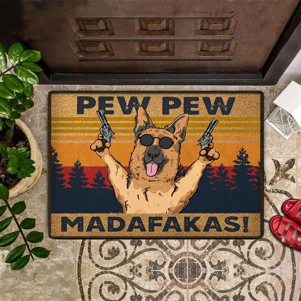 German Shepherd With Gun Pew Pew Madafakas Rubber Doormat Funny Dog Rubber Doormat Hilarious