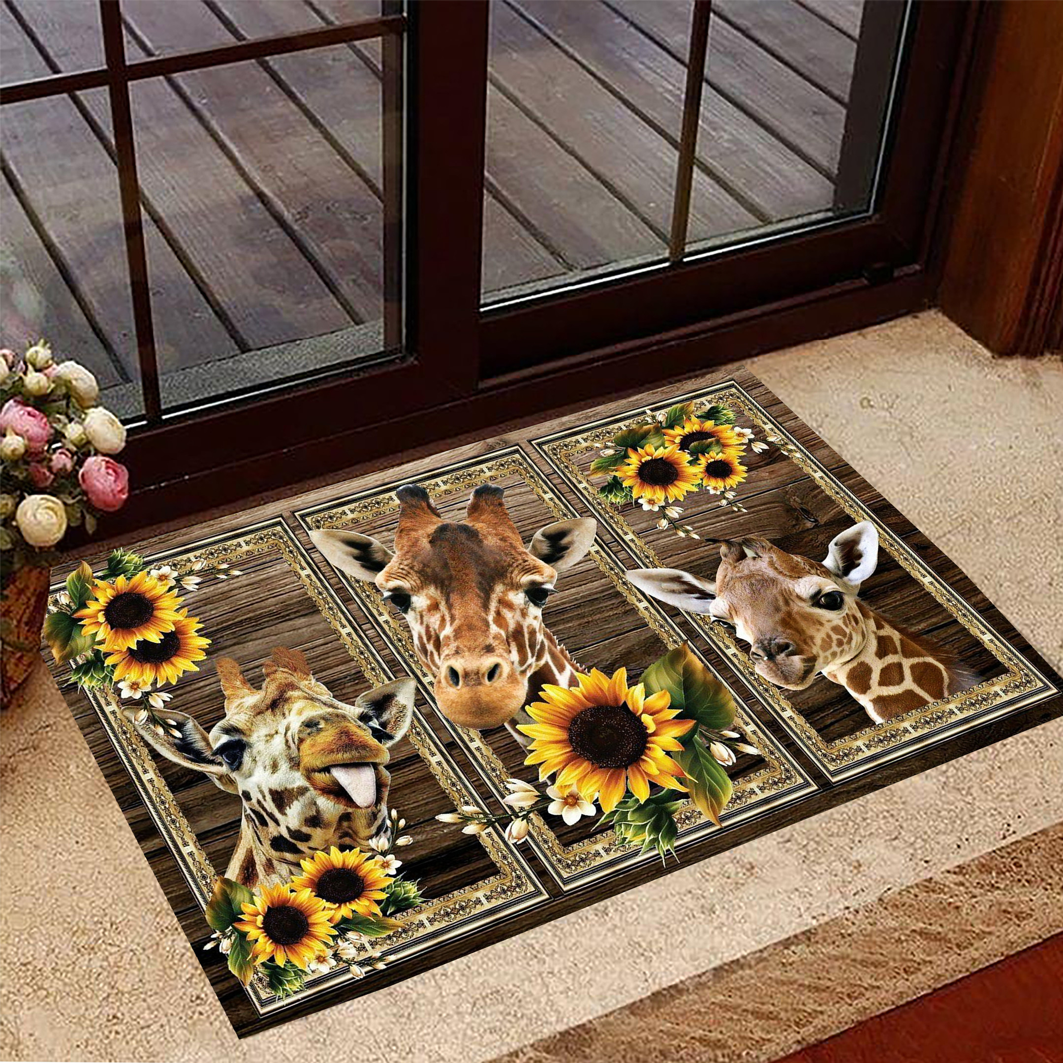 Giraffe Sunflowers Rubber Doormat Animal Print Rubber Doormat Decorative Gifts For Giraffe Lovers