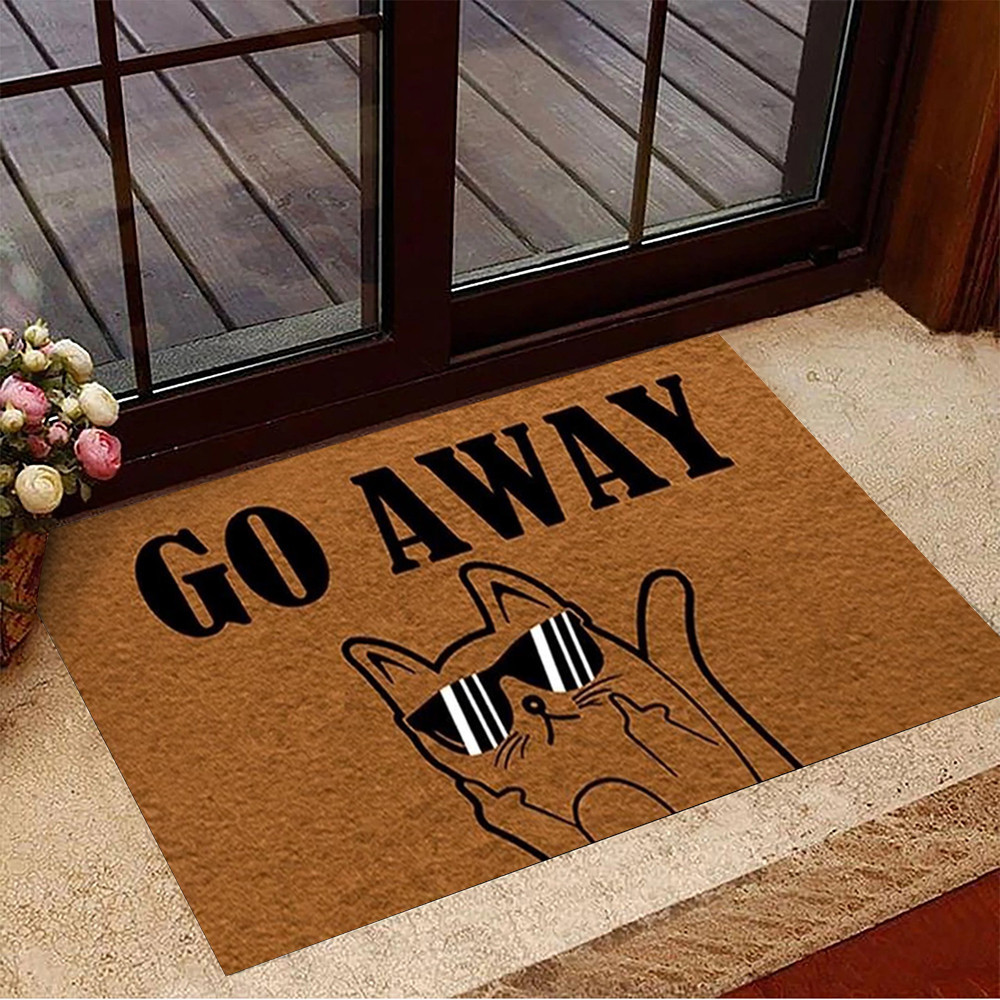 Go Away Cat Rubber Doormat Funny Cat Middle Finger Meme Go Away Front Door Mat