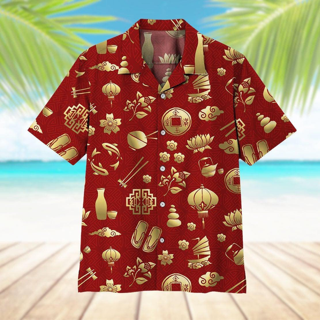 Gold Asian Culture Hawaiian Shirt - Image 3