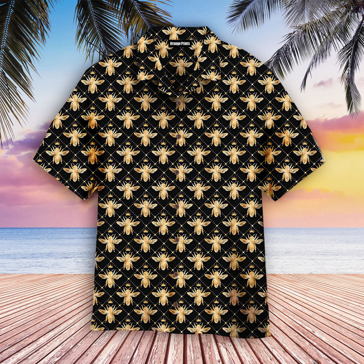 Golden Royal Bees In Black Hawaiian Shirt