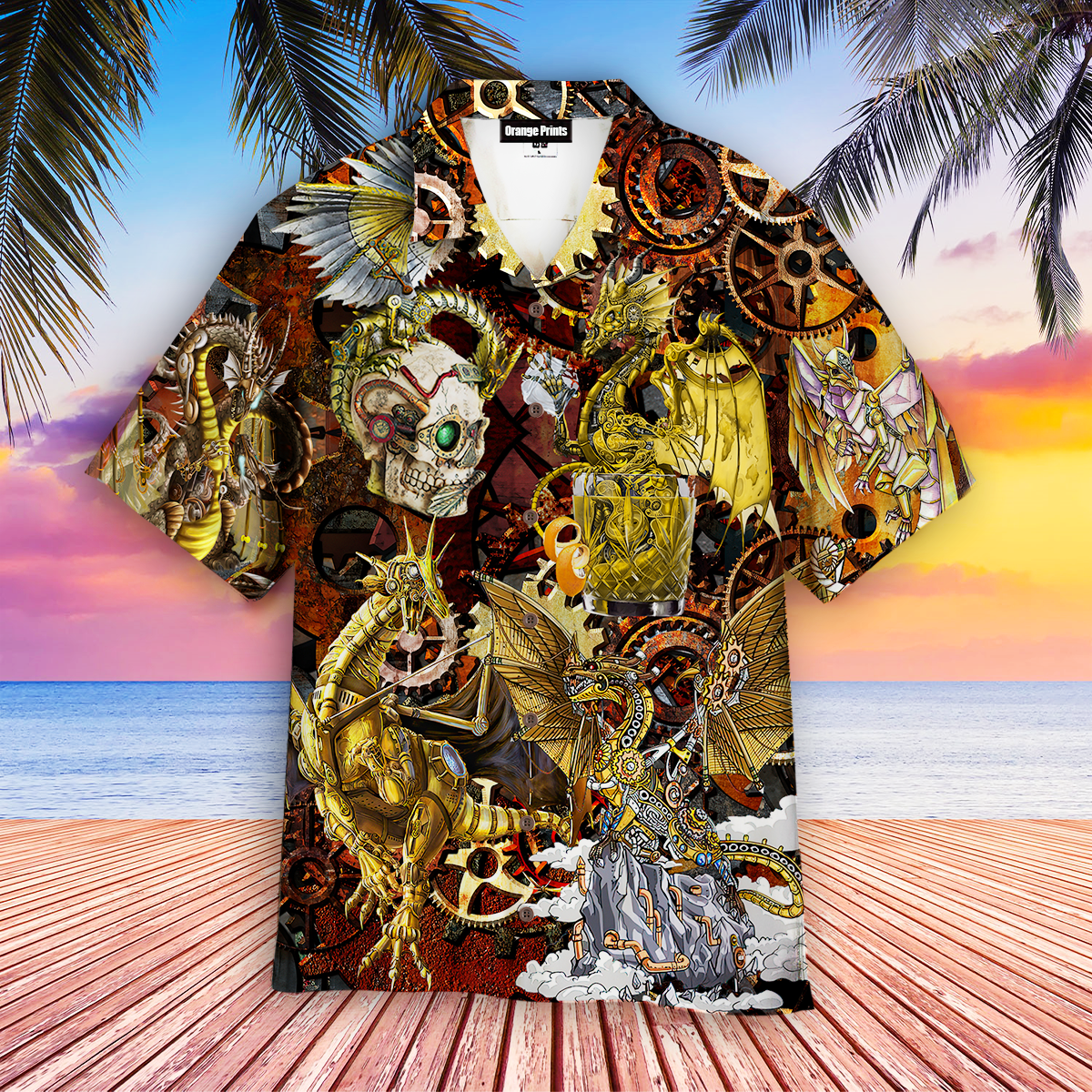 Golden Steampunk Dragon Hawaiian Shirt