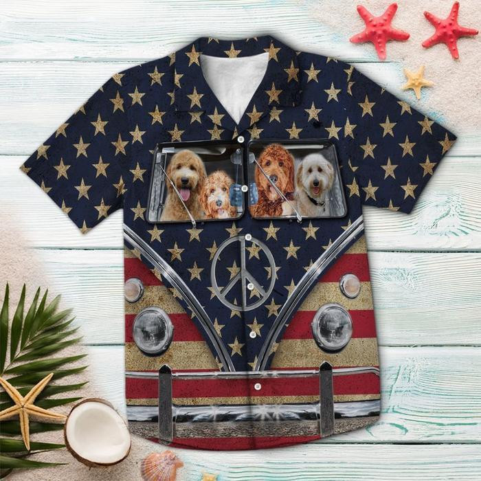 Goldendoodle Flag Hippie Bus Hawaiian Shirt