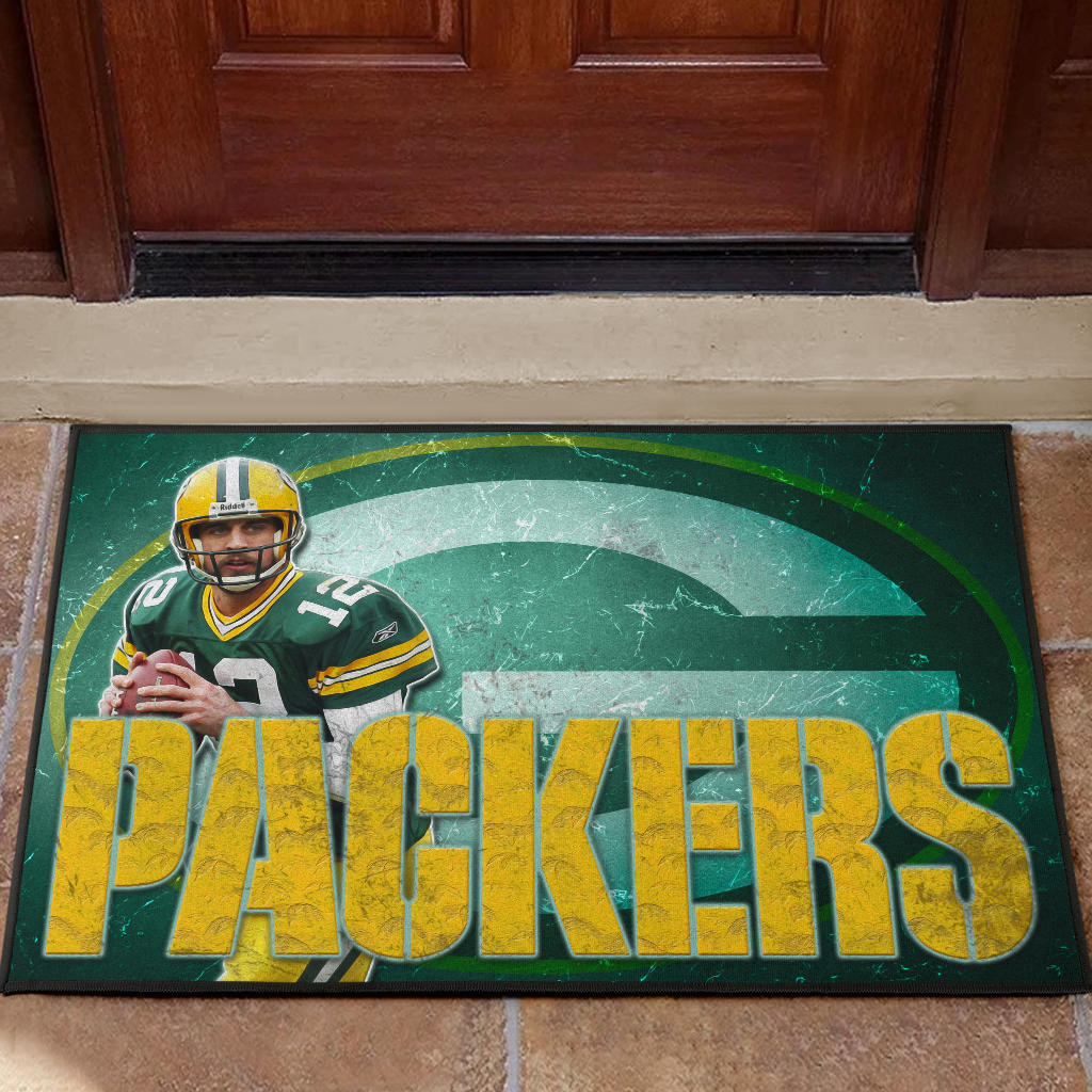 Green Bay American Football Packers Aaron Rodgers Ready To Throw Rugby Ball Rubber Doormat Home Decor