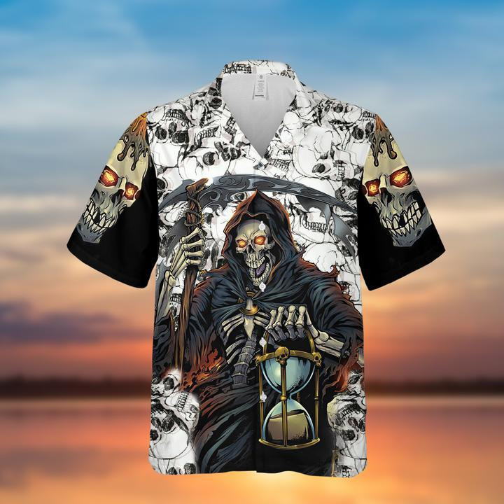 Grim Reaper keeps track of time Halloween Hawaiian Shirt