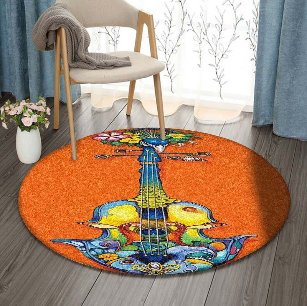 Guitar Peacock Seahorse Celtic Flower Round Rug Carpet Bedroom Livingroom Home Decor
