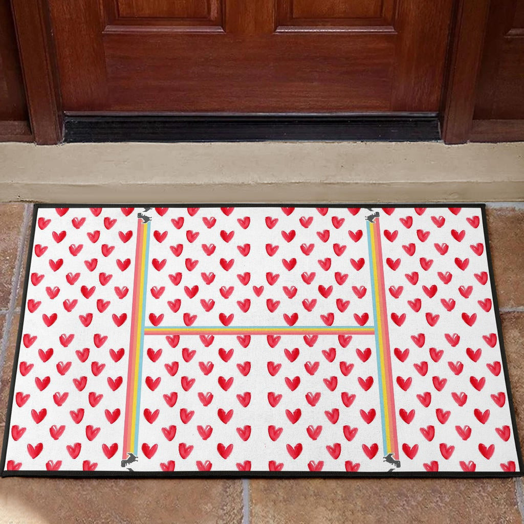 H-appy GG Dino Cute Red Heart Patterns Rubber Doormat Home Decor