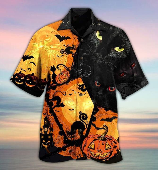 Halloween Black Cat And Pumpkin Print Hawaiian Shirt
